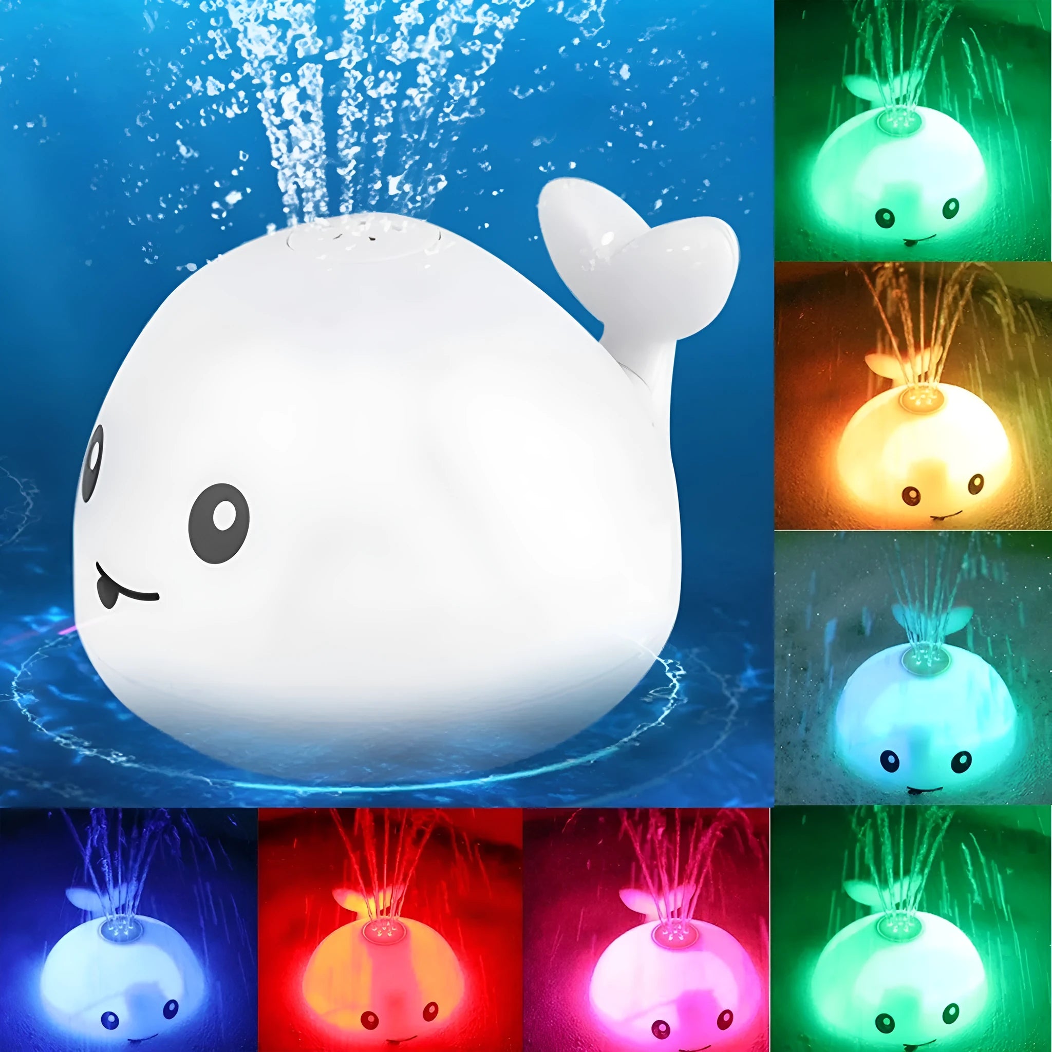 Grey and white cartoon whale bath toy spraying water with LED lights glowing
