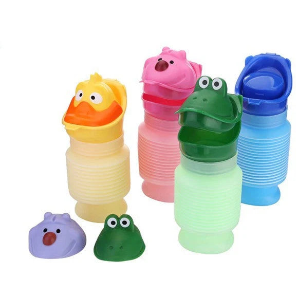 Adjustable portable urinal for kids in green, pink, yellow, and blue with cartoon designs