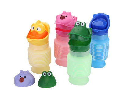 Adjustable portable urinal for kids in green, pink, yellow, and blue with cartoon designs