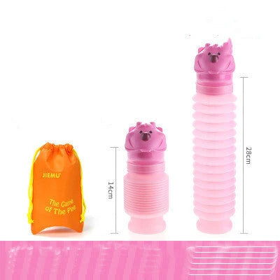 Adjustable portable urinal for kids in green, pink, yellow, and blue with cartoon designs
