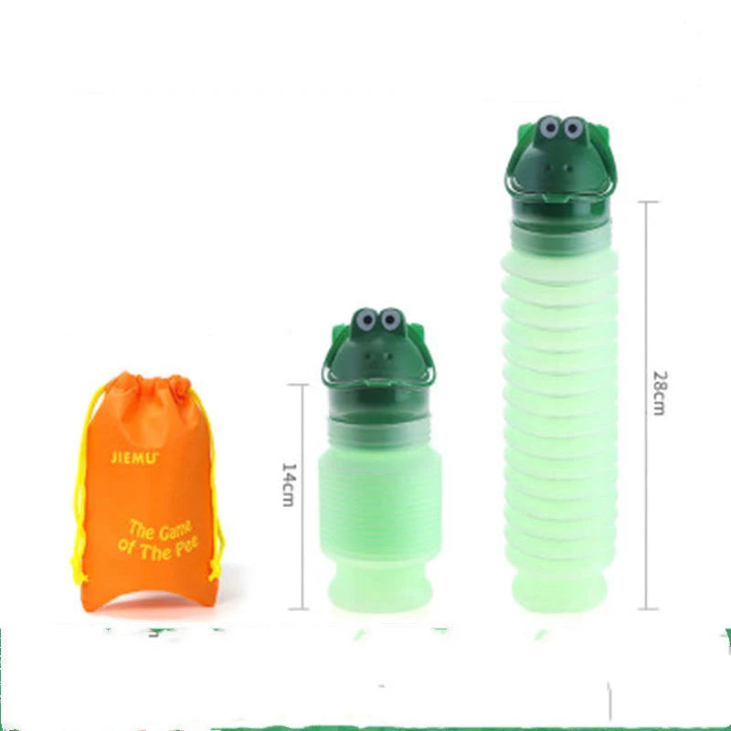 Adjustable portable urinal for kids in green, pink, yellow, and blue with cartoon designs