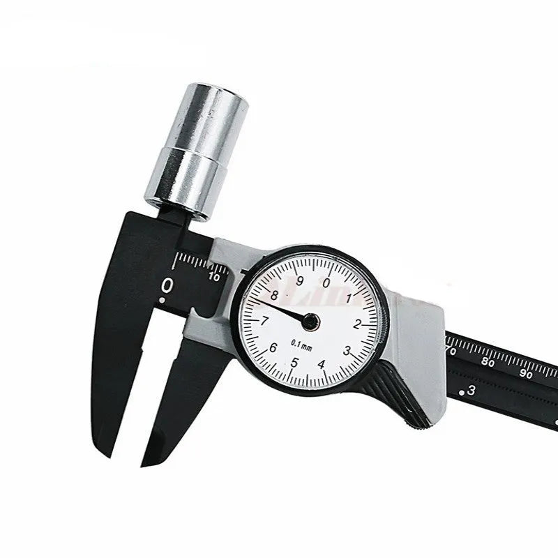 Black and white plastic vernier caliper measuring tool with 0-150mm range straightedge design