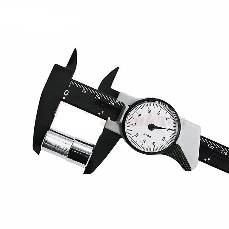 Black and white plastic vernier caliper measuring tool with 0-150mm range straightedge design