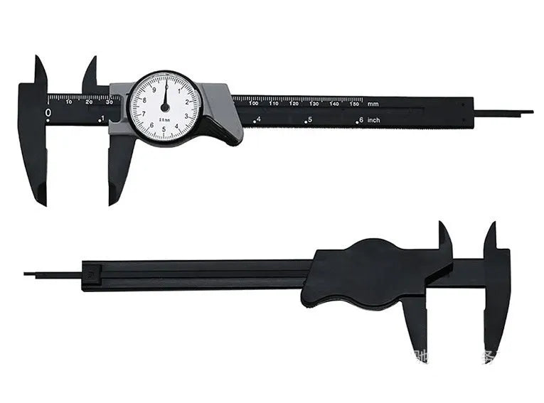 Black and white plastic vernier caliper measuring tool with 0-150mm range straightedge design