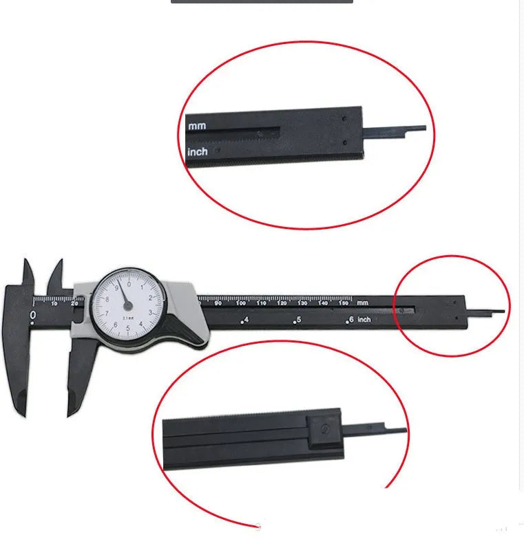 Black and white plastic vernier caliper measuring tool with 0-150mm range straightedge design