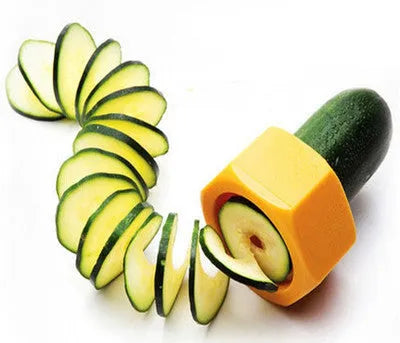 Yellow or green ABS plastic spiral vegetable cutter for creating julienne strips from cucumbers