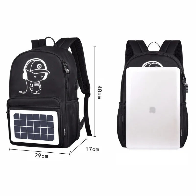 Solar powered backpack with monocrystalline panel, Oxford cloth, waterproof, 20-35L capacity, multiple pockets