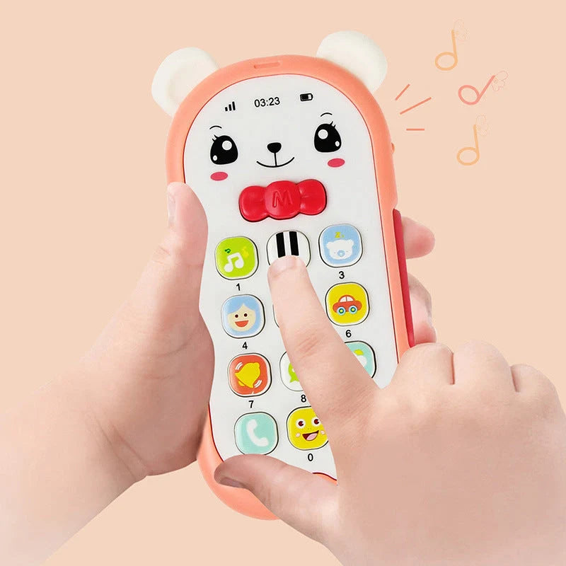 Simulation Bear Music Mobile Phone Educational Toy for infants in red, blue, pink, and green