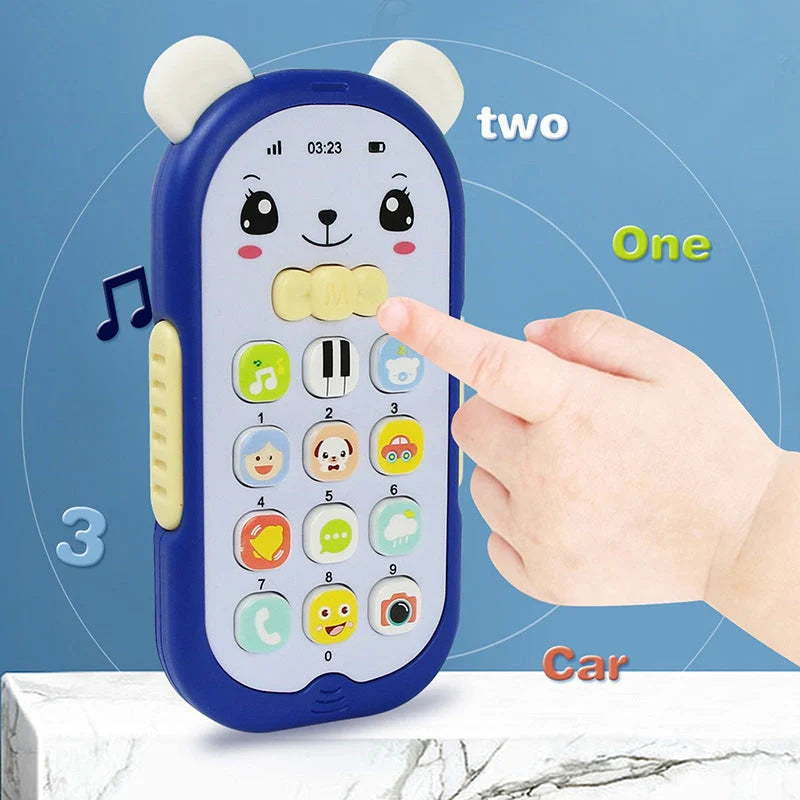 Simulation Bear Music Mobile Phone Educational Toy for infants in red, blue, pink, and green