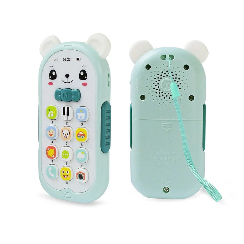Simulation Bear Music Mobile Phone Educational Toy for infants in red, blue, pink, and green