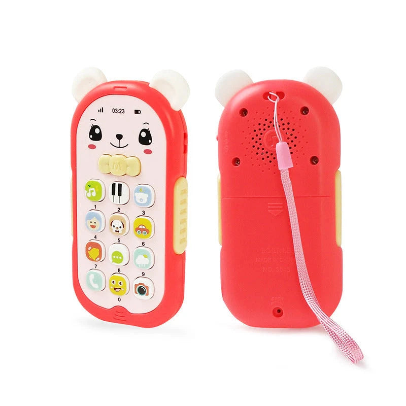 Simulation Bear Music Mobile Phone Educational Toy for infants in red, blue, pink, and green
