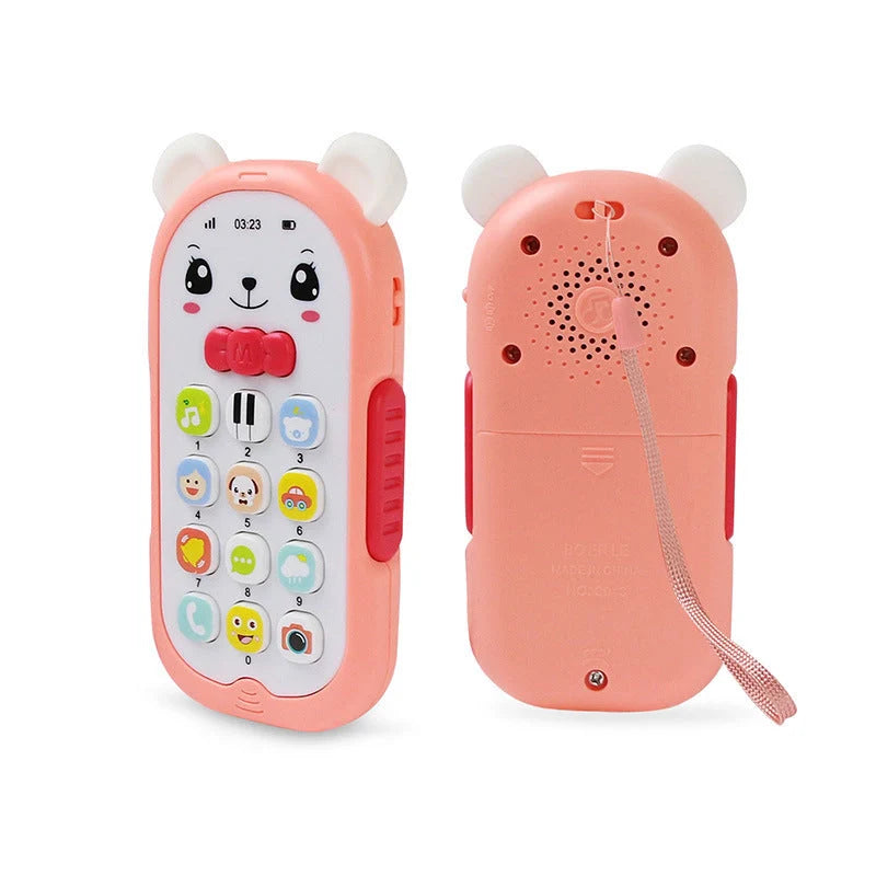 Simulation Bear Music Mobile Phone Educational Toy for infants in red, blue, pink, and green