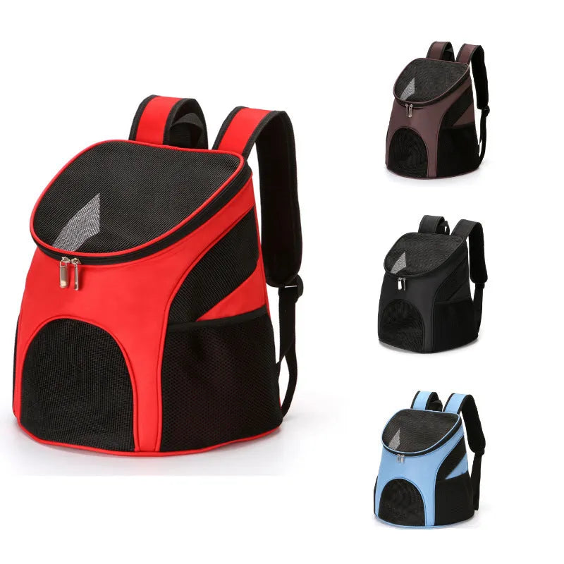 Solid colour pet backpack carrier for a cat or small dog, shown in red, with S and L size options.