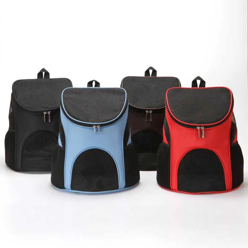 Solid colour pet backpack carrier for a cat or small dog, shown in red, with S and L size options.
