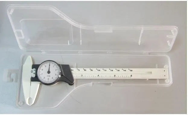 Black and white plastic vernier caliper measuring tool with 0-150mm range straightedge design