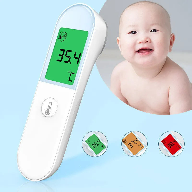 White intelligent non-contact electronic forehead thermometer temperature gun on surface