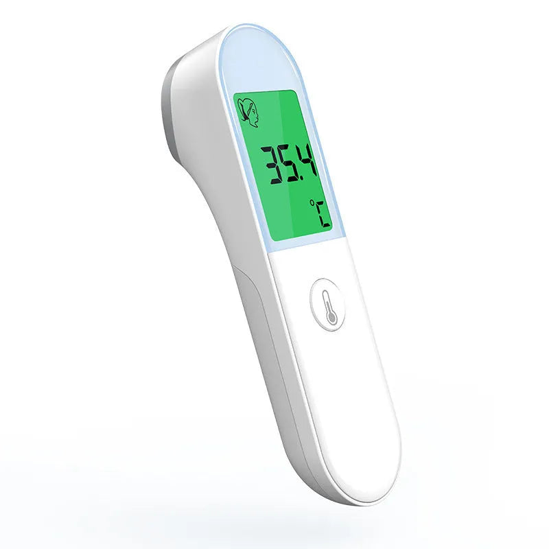 White intelligent non-contact electronic forehead thermometer temperature gun on surface