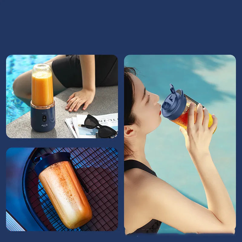 Tunisian dark blue portable blender and juicer with six blades, USB cable, and 400ml cup.