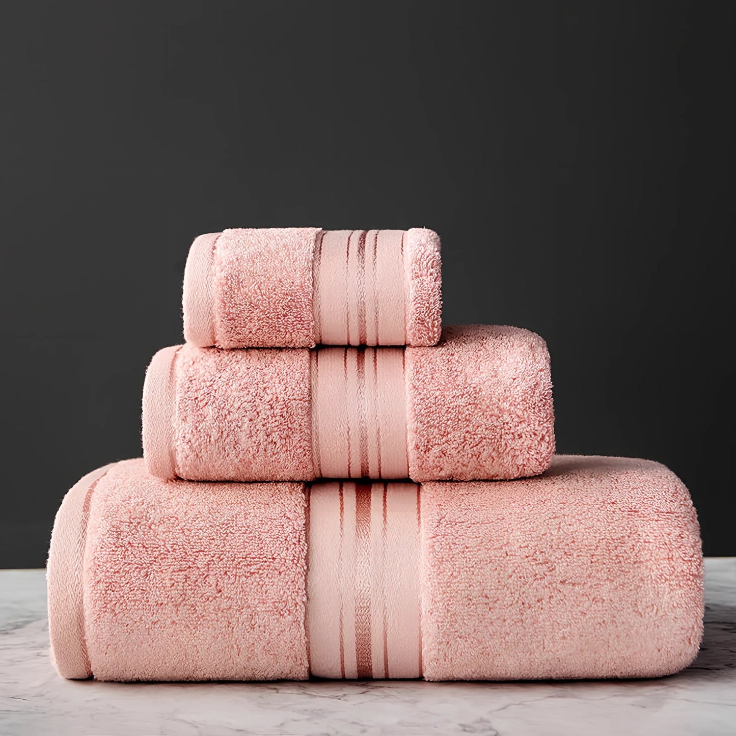 Three-piece cotton bath towel set in blue, featuring 70x150cm bath towel, 34x75cm hand towel, and 34x35cm square scarf for absorbent drying