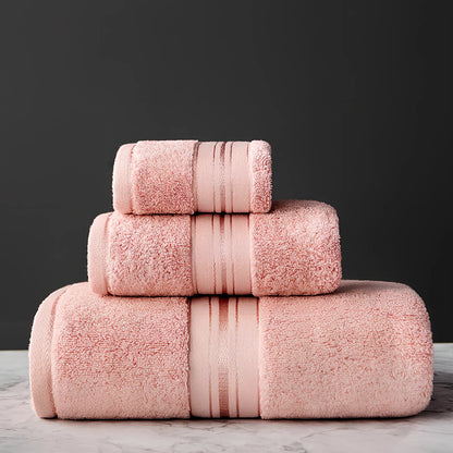 Three-piece cotton bath towel set in blue, featuring 70x150cm bath towel, 34x75cm hand towel, and 34x35cm square scarf for absorbent drying