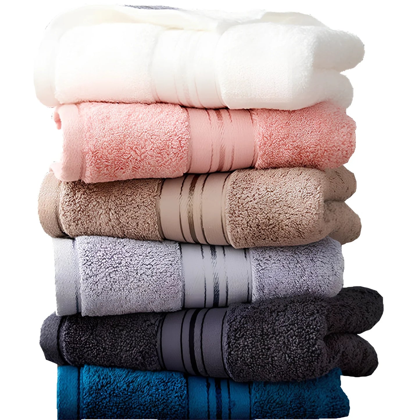 Three-piece cotton bath towel set in blue, featuring 70x150cm bath towel, 34x75cm hand towel, and 34x35cm square scarf for absorbent drying