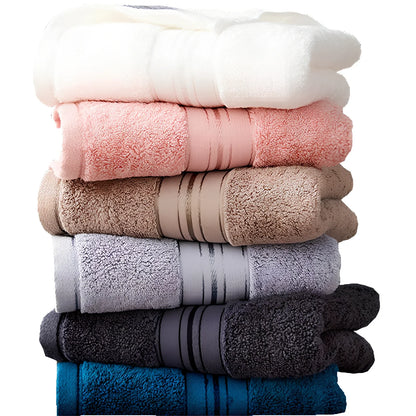 Three-piece cotton bath towel set in blue, featuring 70x150cm bath towel, 34x75cm hand towel, and 34x35cm square scarf for absorbent drying