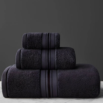 Three-piece cotton bath towel set in blue, featuring 70x150cm bath towel, 34x75cm hand towel, and 34x35cm square scarf for absorbent drying