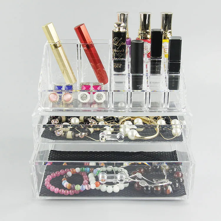 Transparent foldable acrylic makeup storage organiser box with 18-litre capacity.