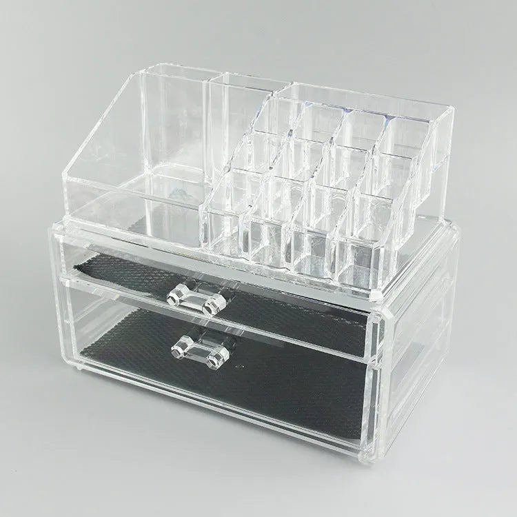 Transparent foldable acrylic makeup storage organiser box with 18-litre capacity.