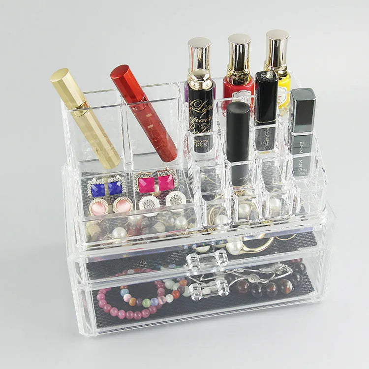 Transparent foldable acrylic makeup storage organiser box with 18-litre capacity.