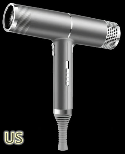 Compact silver hair dryer with nozzle attached showing measurements and power specifications