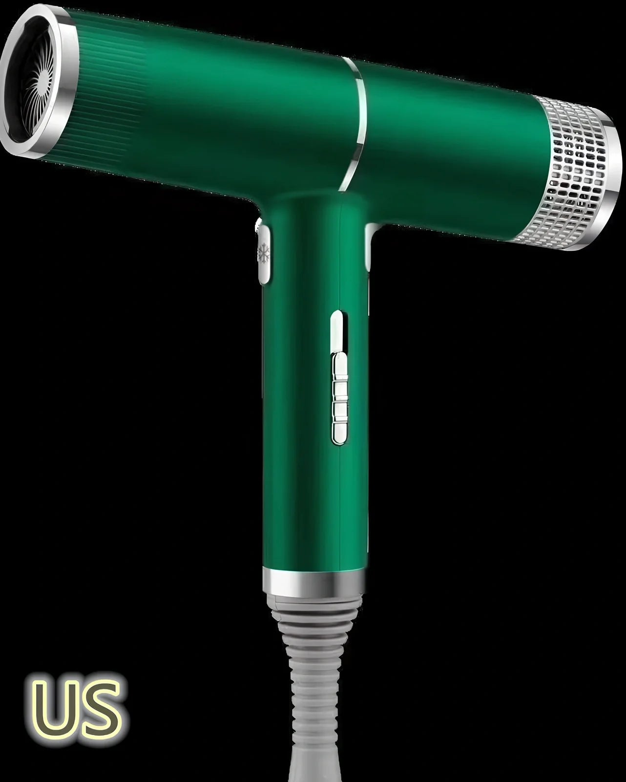 Compact silver hair dryer with nozzle attached showing measurements and power specifications