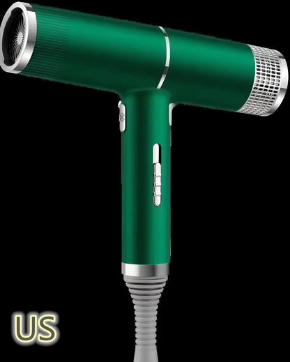 Compact silver hair dryer with nozzle attached showing measurements and power specifications