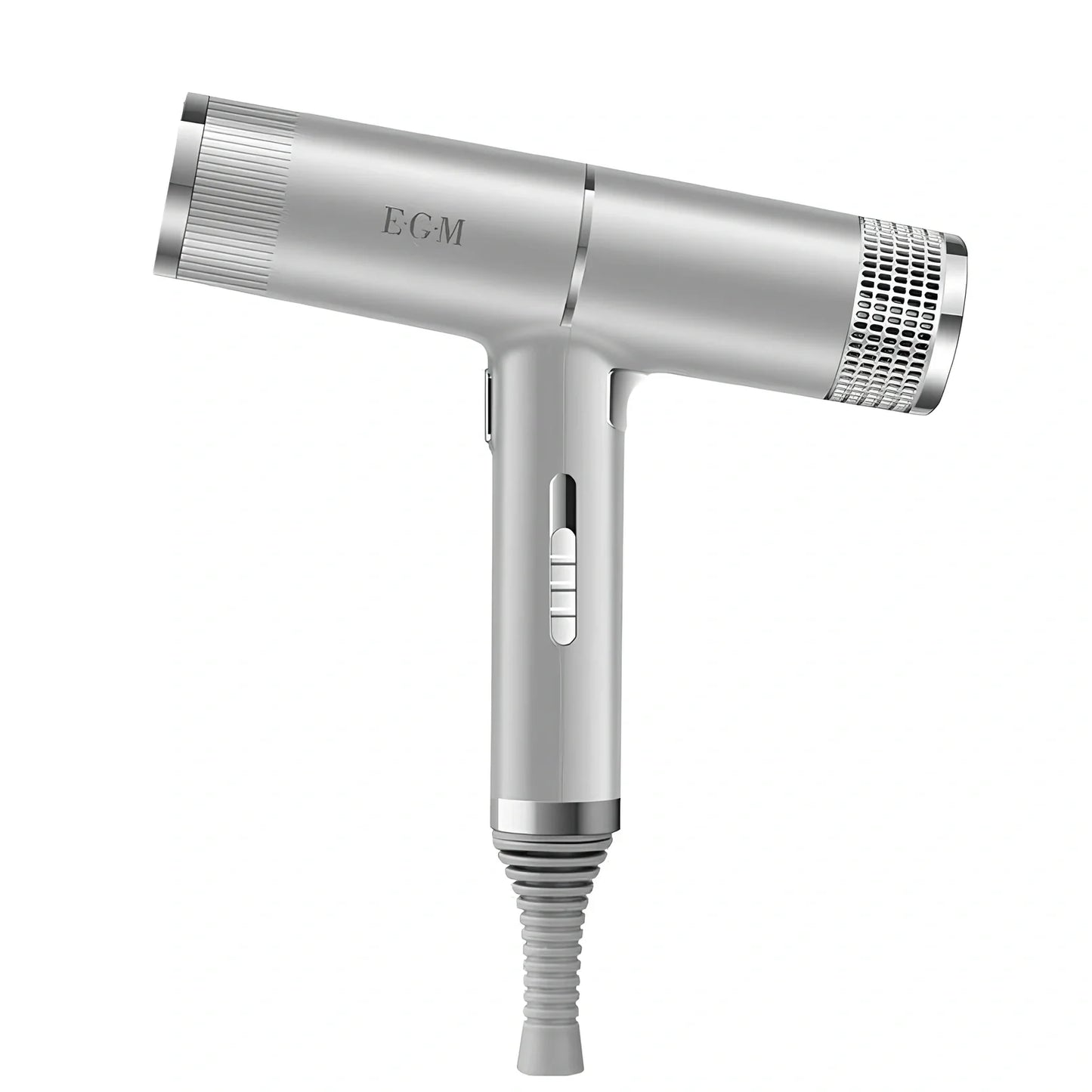 Compact silver hair dryer with nozzle attached showing measurements and power specifications