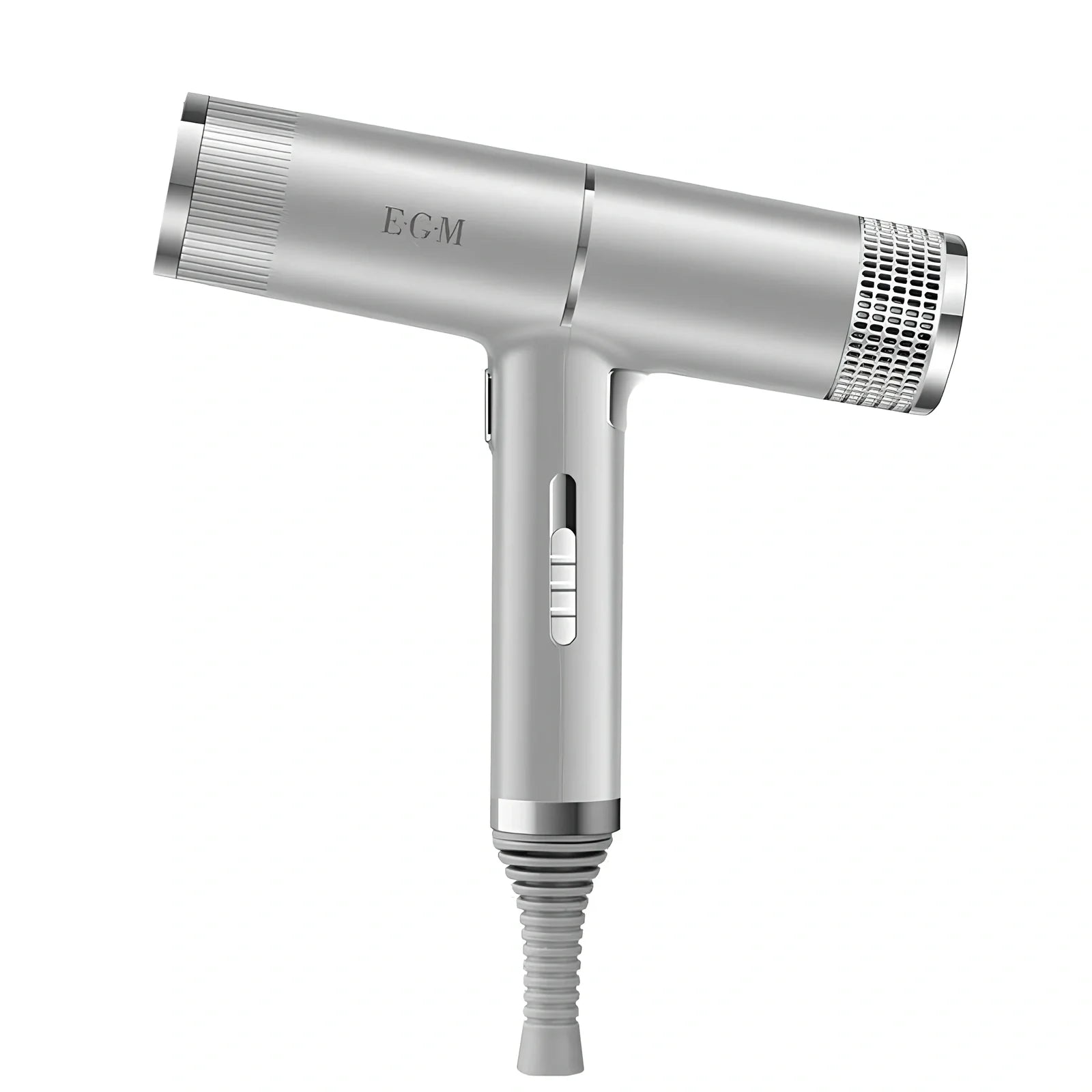 Compact silver hair dryer with nozzle attached showing measurements and power specifications