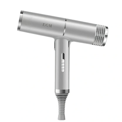 Compact silver hair dryer with nozzle attached showing measurements and power specifications