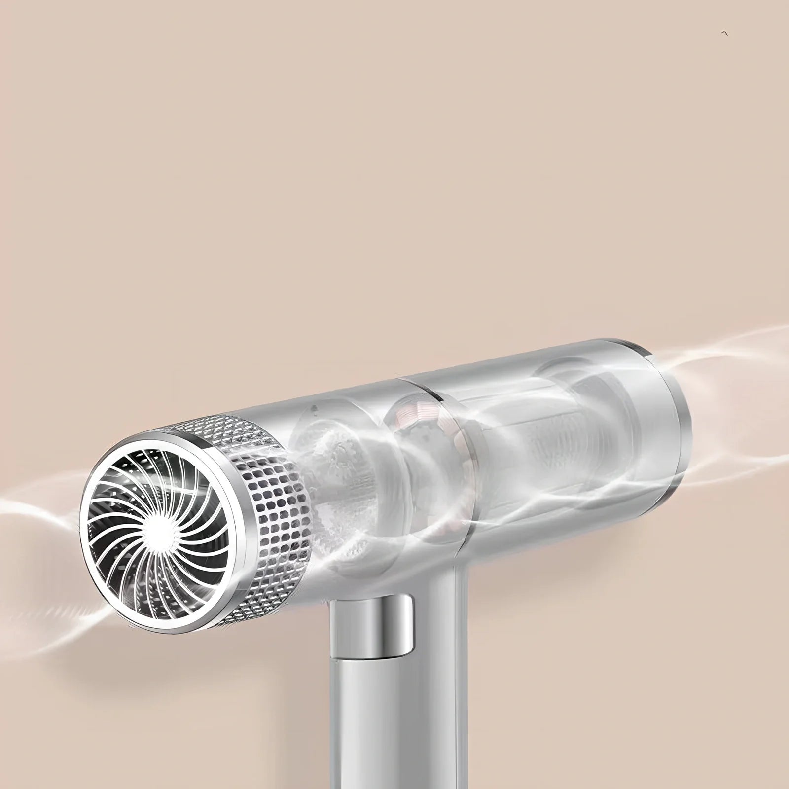 Compact silver hair dryer with nozzle attached showing measurements and power specifications