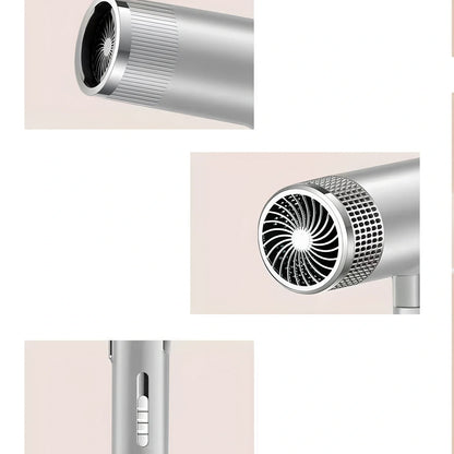 Compact silver hair dryer with nozzle attached showing measurements and power specifications