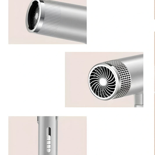 Compact silver hair dryer with nozzle attached showing measurements and power specifications