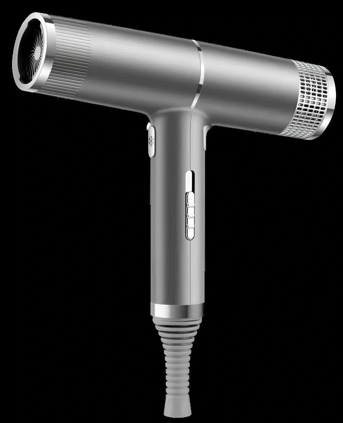 Compact silver hair dryer with nozzle attached showing measurements and power specifications