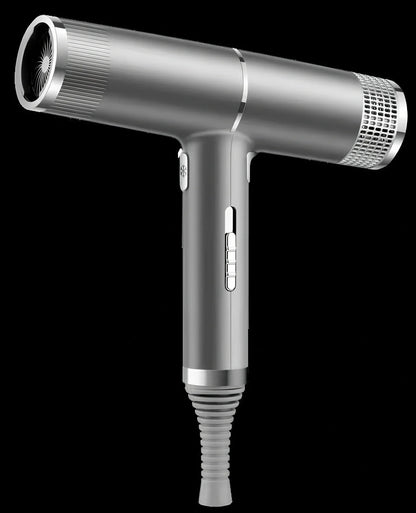 Compact silver hair dryer with nozzle attached showing measurements and power specifications