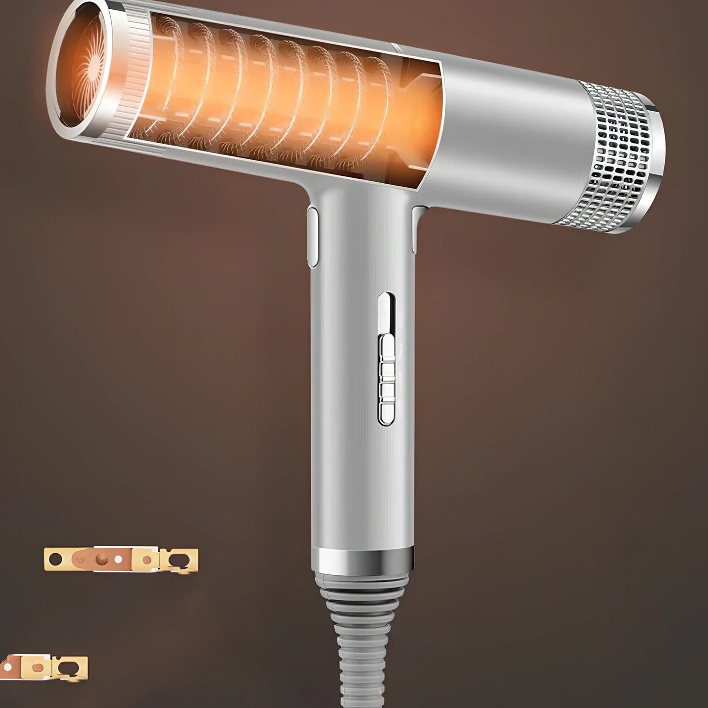 Compact silver hair dryer with nozzle attached showing measurements and power specifications