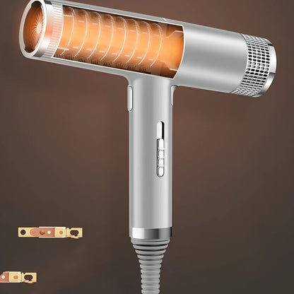 Compact silver hair dryer with nozzle attached showing measurements and power specifications