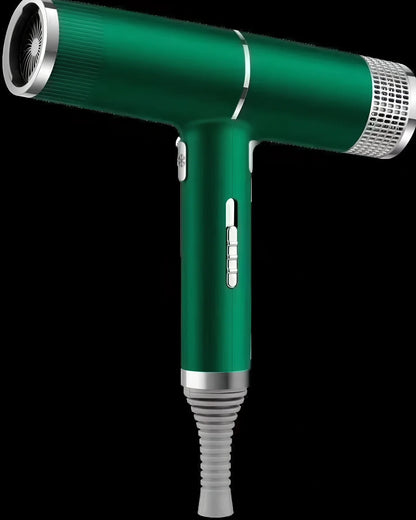 Compact silver hair dryer with nozzle attached showing measurements and power specifications
