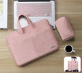 Blue waterproof PU leather laptop bag open to show internal organiser pockets and laptop compartment.