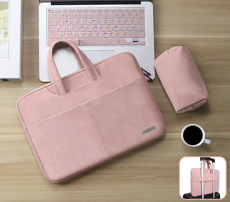 Blue waterproof PU leather laptop bag open to show internal organiser pockets and laptop compartment.