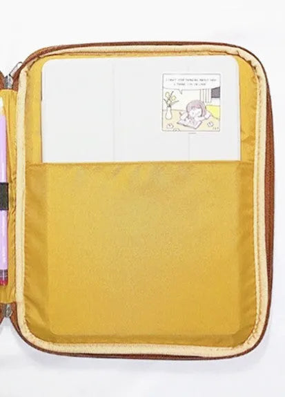 Yellow polyester notebook liner bag with embroidery toast design, zipper pocket, for 11-inch or 13-inch devices
