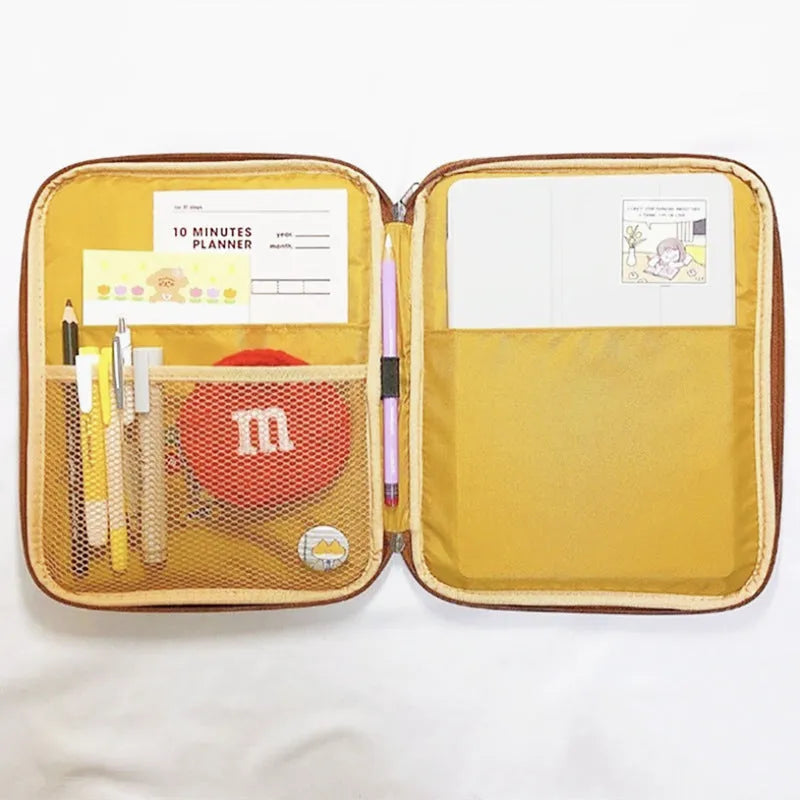 Yellow polyester notebook liner bag with embroidery toast design, zipper pocket, for 11-inch or 13-inch devices