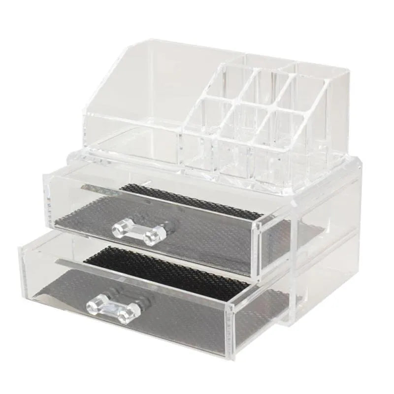 Transparent foldable acrylic makeup storage organiser box with 18-litre capacity.