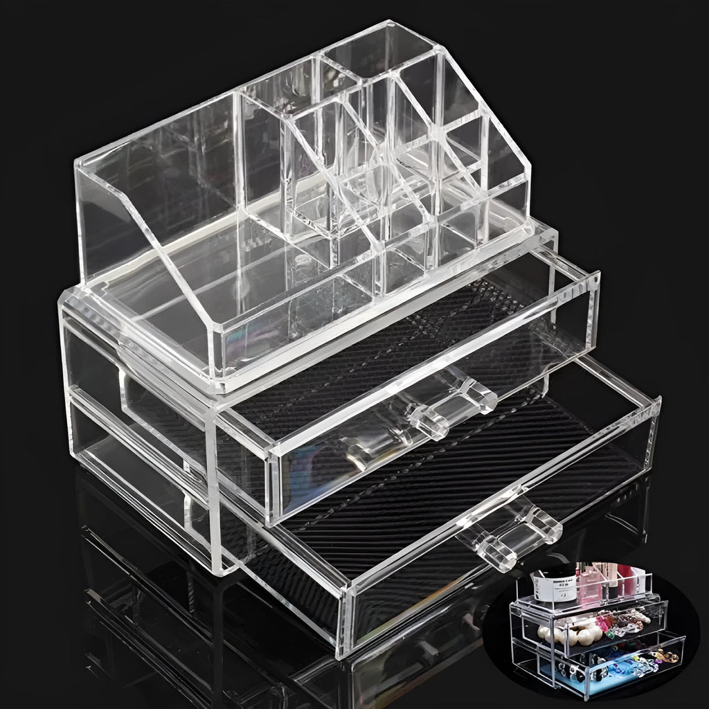 Transparent foldable acrylic makeup storage organiser box with 18-litre capacity.